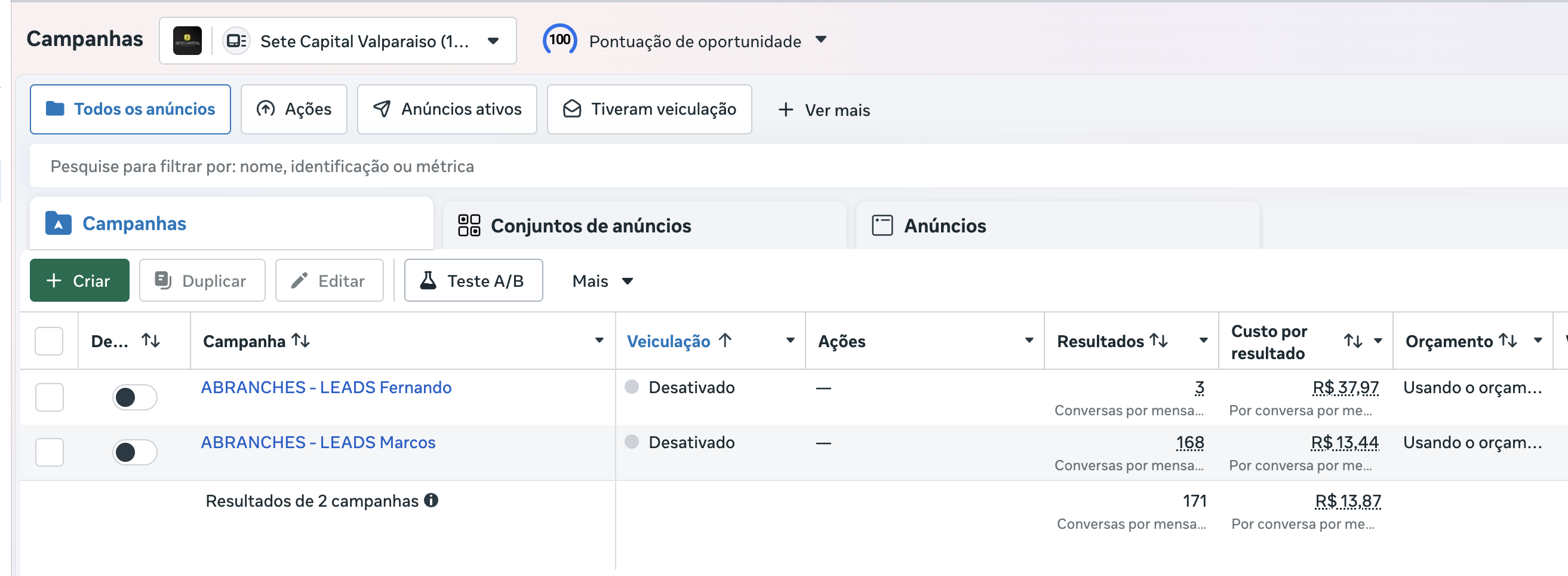 Meta Ads — SETE Capital, 339 conversas geradas